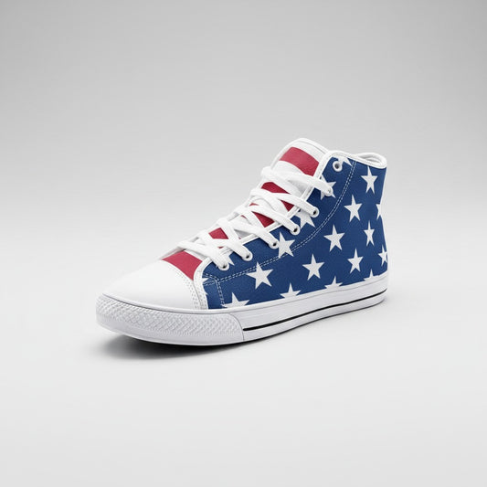 Freaky Shoes® high-top canvas sneakers featuring a patriotic USA flag print with white stars and red stripes.