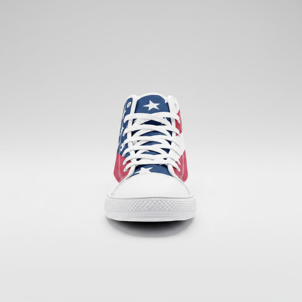 Freaky Shoes® patriotic USA flag high-top canvas sneakers with white laces and a full-wrap American flag print.