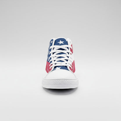 Freaky Shoes® patriotic USA flag high-top canvas sneakers with white laces and a full-wrap American flag print.
