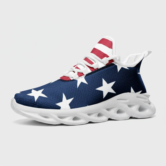 Freaky Shoes® patriotic USA flag high-top canvas sneakers with white stars, blue base, and red-striped tongue.