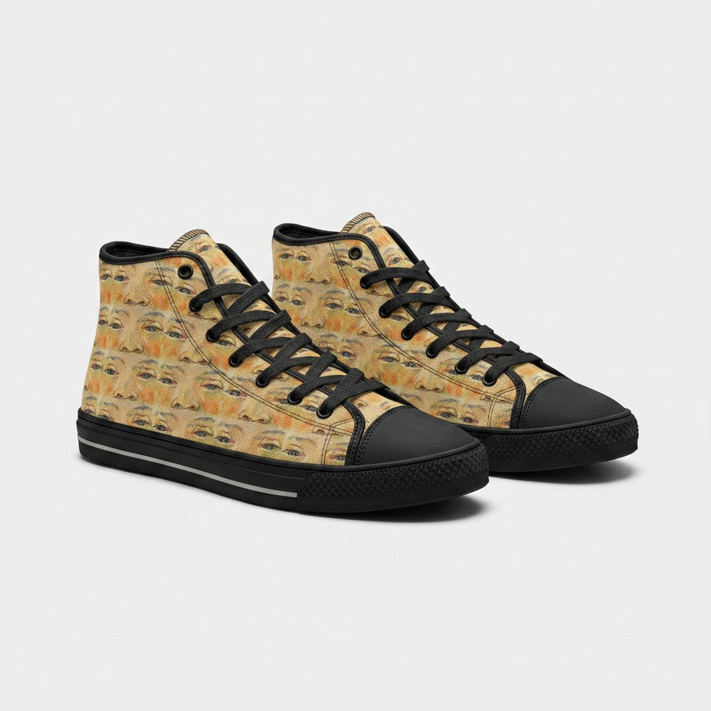 Freaky Shoes® high-top canvas sneakers featuring a repeating Vincent Van Gogh portrait print with black laces and trim.