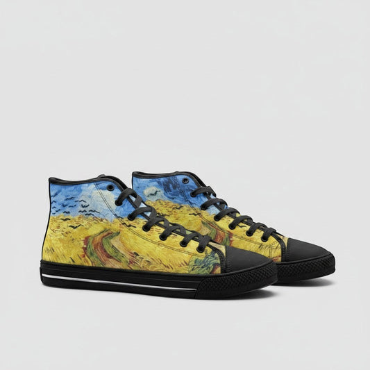 Freaky Shoes® high-top canvas sneakers featuring Vincent Van Gogh Wheatfield with Crows art print and black laces.