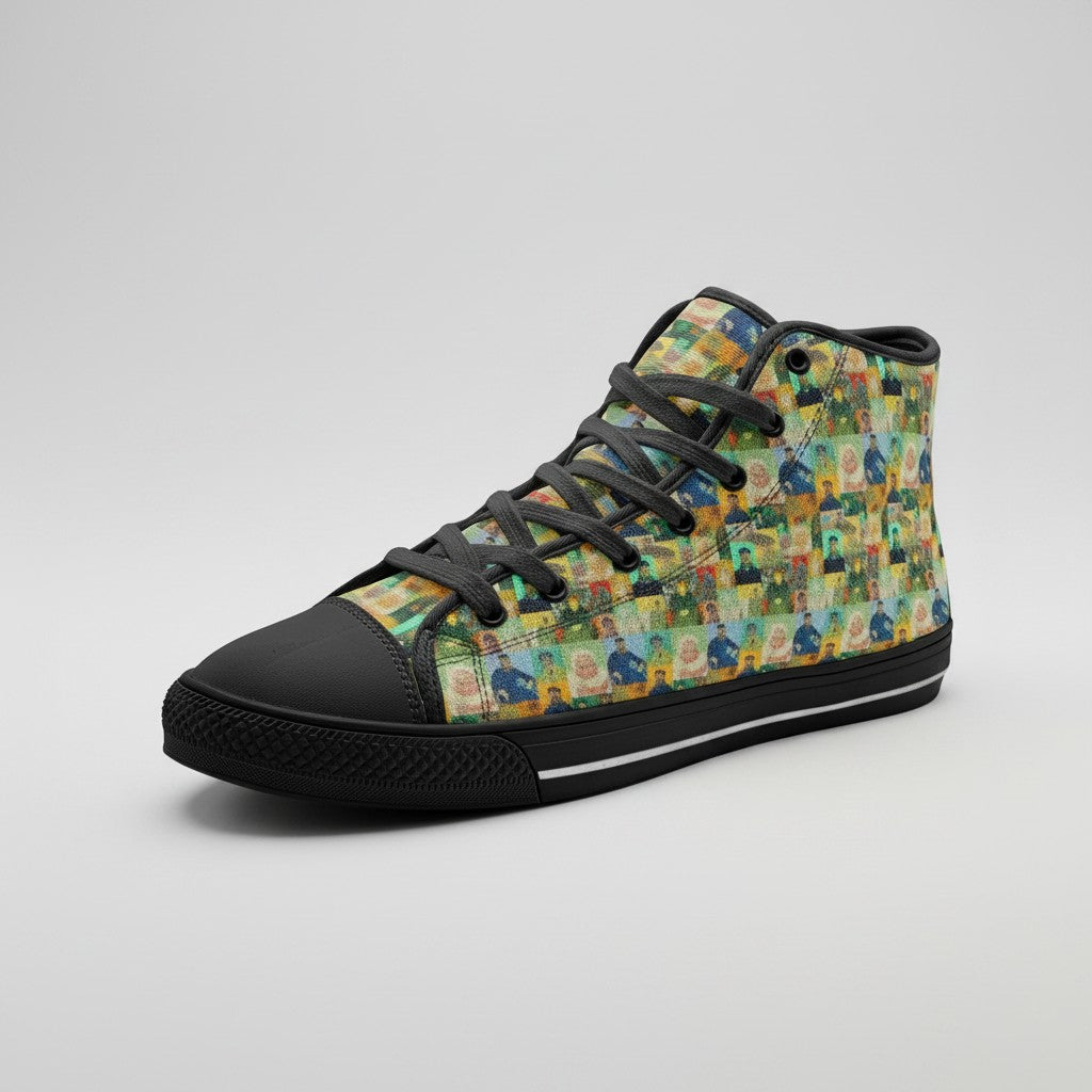 Freaky Shoes® high-top canvas sneakers featuring a colorful Vincent van Gogh Roulin Family art print and black trim.