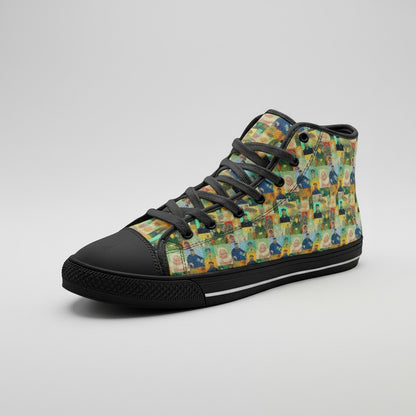 Freaky Shoes® high-top canvas sneakers featuring a colorful Vincent van Gogh Roulin Family art print and black trim.
