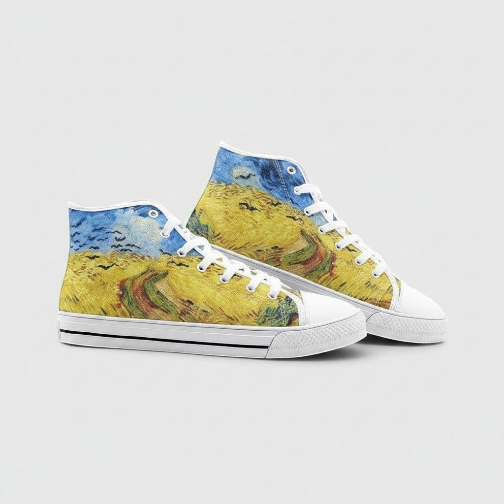 Freaky Shoes® high-top canvas sneakers featuring Vincent Van Gogh Wheatfield with Crows art print