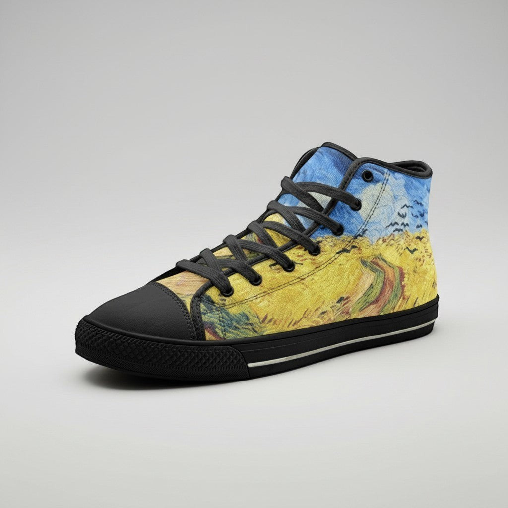 Freaky Shoes® high-top canvas sneakers featuring Vincent Van Gogh Wheatfield with Crows art print and black laces.