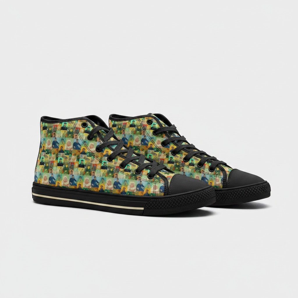 Freaky Shoes® high-top canvas sneakers featuring a repeating Vincent van Gogh Roulin Family art print with black laces