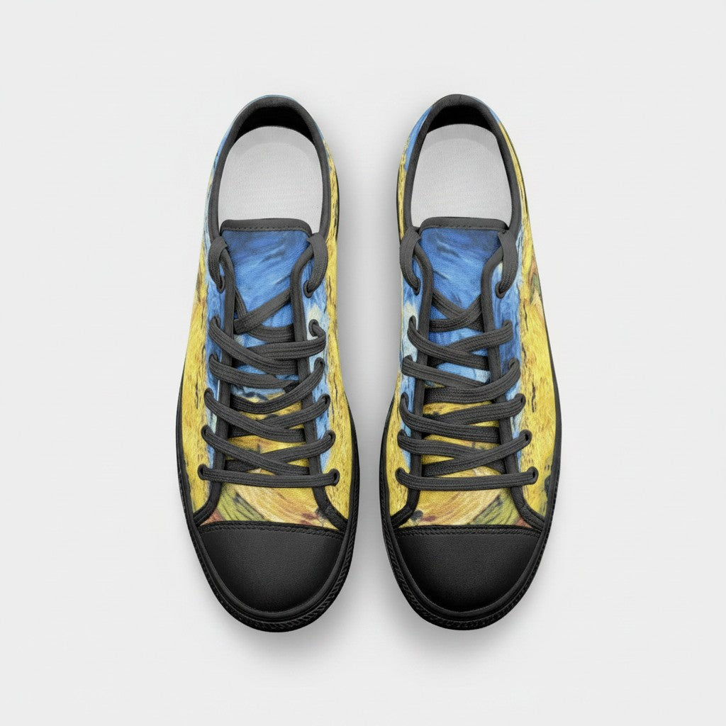 Freaky Shoes® low-top canvas sneakers featuring Vincent Van Gogh Wheatfield with Crows art print and black laces.