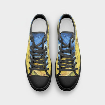 Freaky Shoes® low-top canvas sneakers featuring Vincent Van Gogh Wheatfield with Crows art print and black laces.