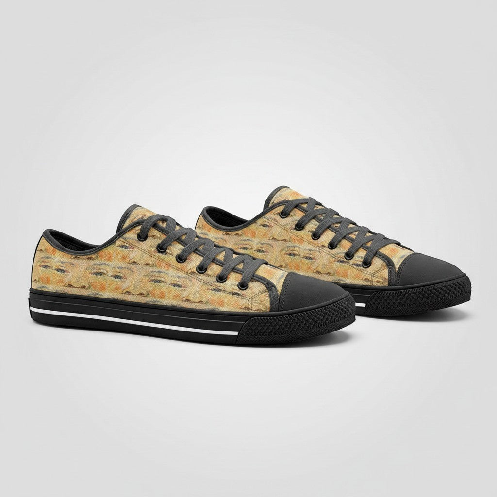 Freaky Shoes® low-top canvas sneakers featuring a Vincent Van Gogh art print with black laces and rubber toe caps.