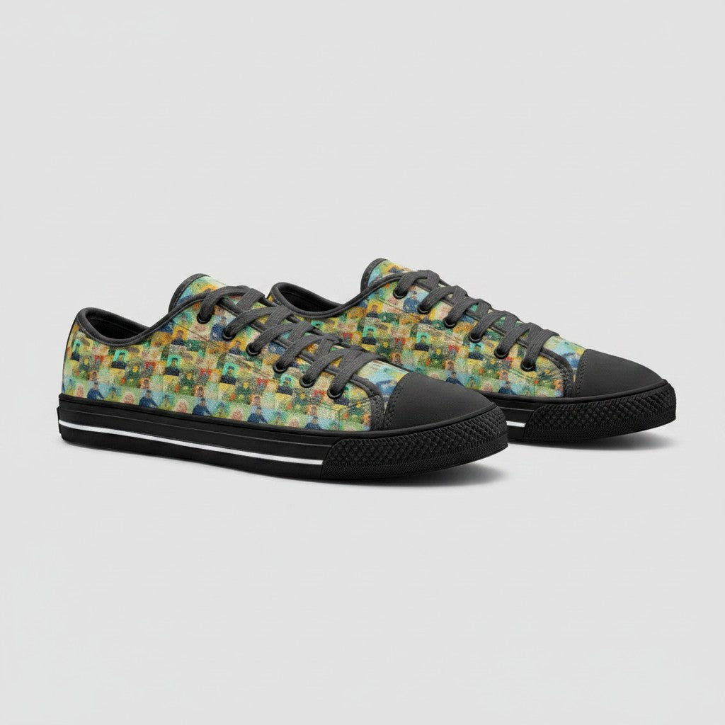 Freaky Shoes® low-top canvas sneakers featuring a colorful Vincent van Gogh Roulin Family art print and black trim.