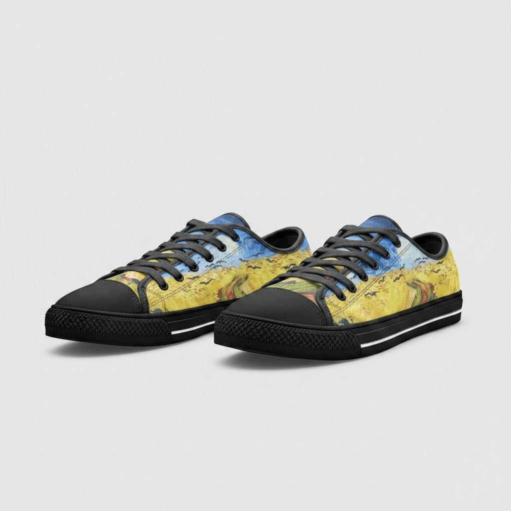 Freaky Shoes® low-top canvas sneakers featuring Vincent Van Gogh Wheatfield with Crows art print and black trim.