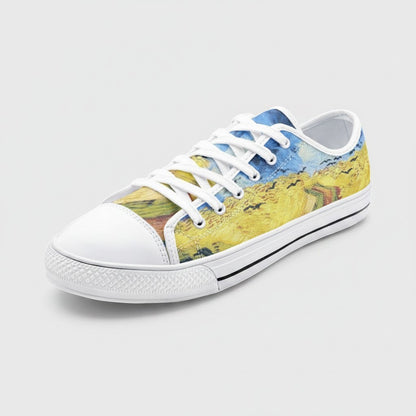 Freaky Shoes® low-top canvas sneakers featuring Vincent Van Gogh Wheatfield with Crows art print and white laces.