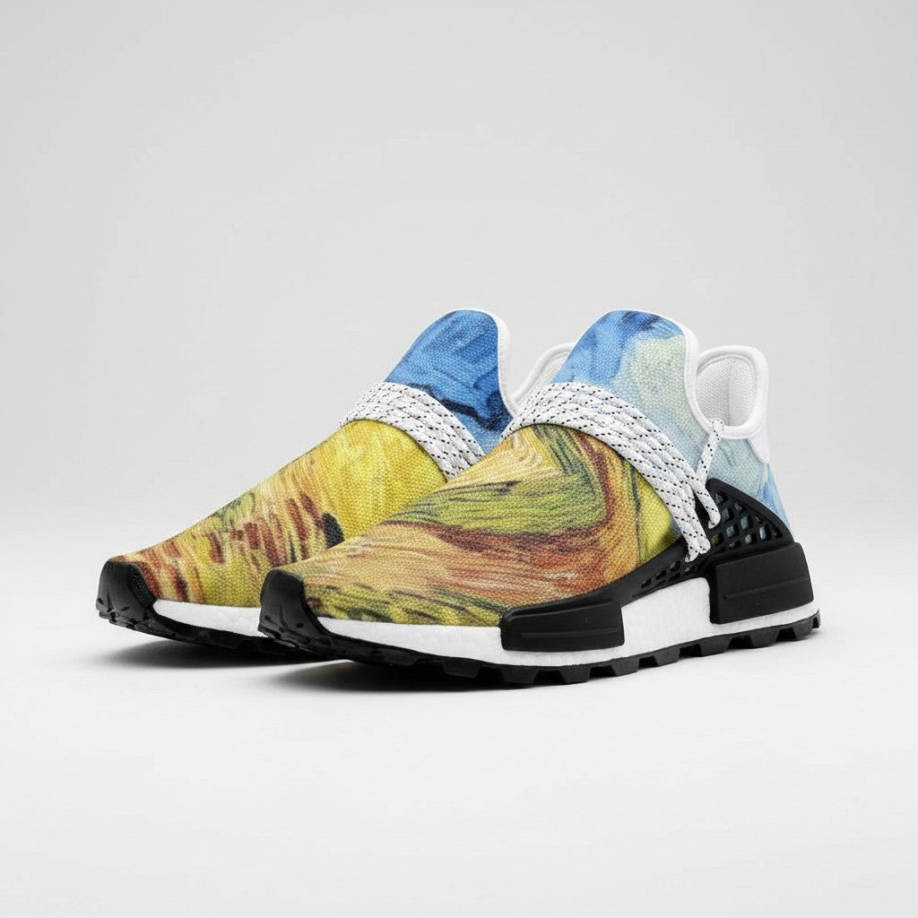 Freaky Shoes® high-top canvas sneakers featuring Vincent Van Gogh Wheatfield with Crows art print and white laces.