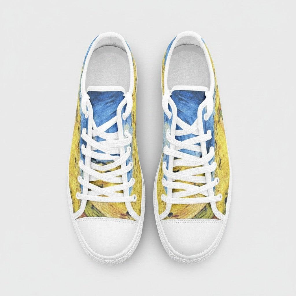 Freaky Shoes® low-top canvas sneakers featuring Vincent Van Gogh Wheatfield with Crows art print and white laces