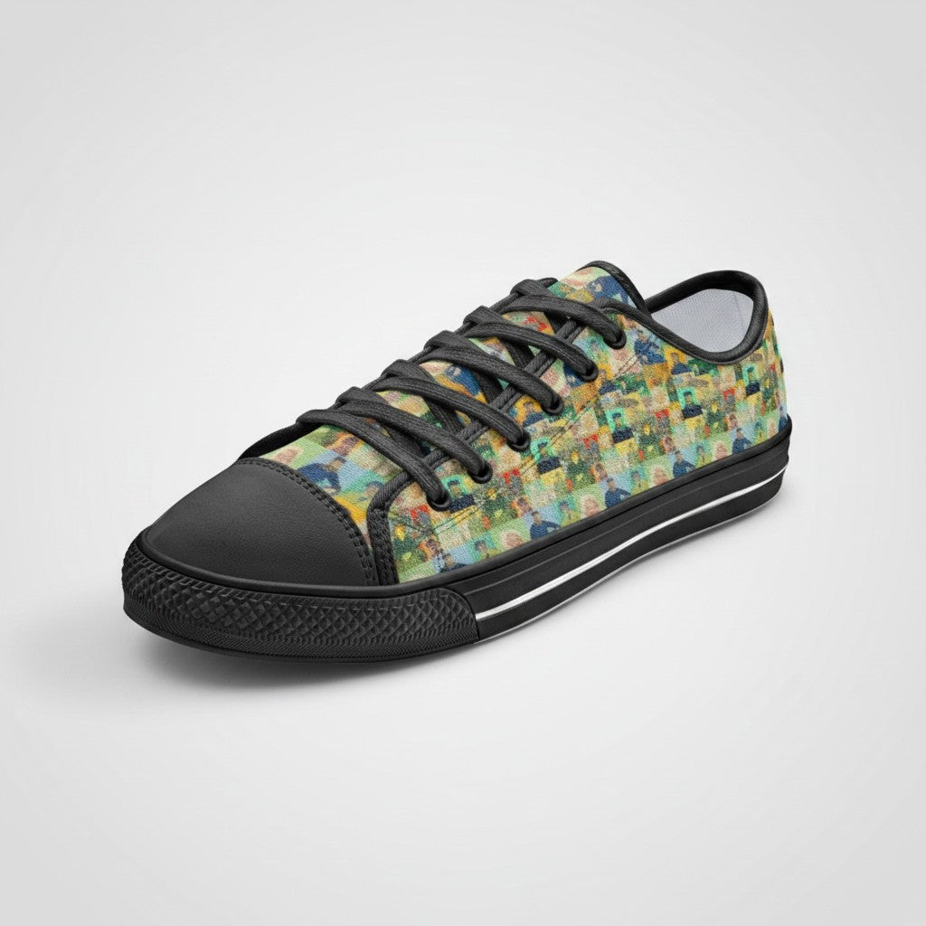 Freaky Shoes® low-top canvas sneakers featuring a colorful Vincent van Gogh Roulin Family art print and black trim.