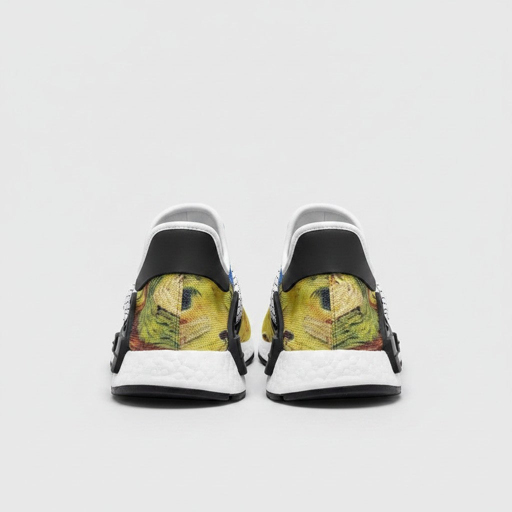 Freaky Shoes® high-top canvas sneakers featuring Vincent Van Gogh Wheatfield with Crows art, rear view showing heel detail