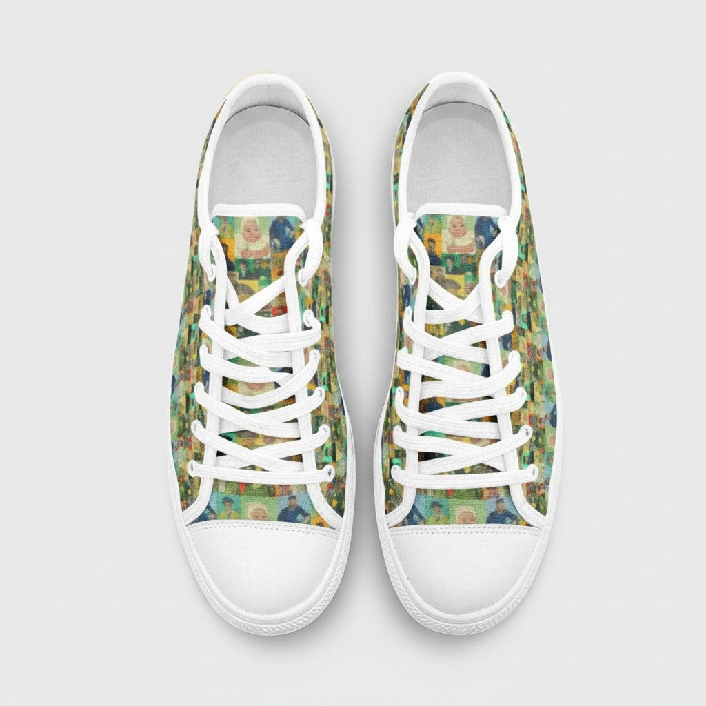 Freaky Shoes® low-top canvas sneakers featuring The Roulin Family Vincent van Gogh art print with white laces.