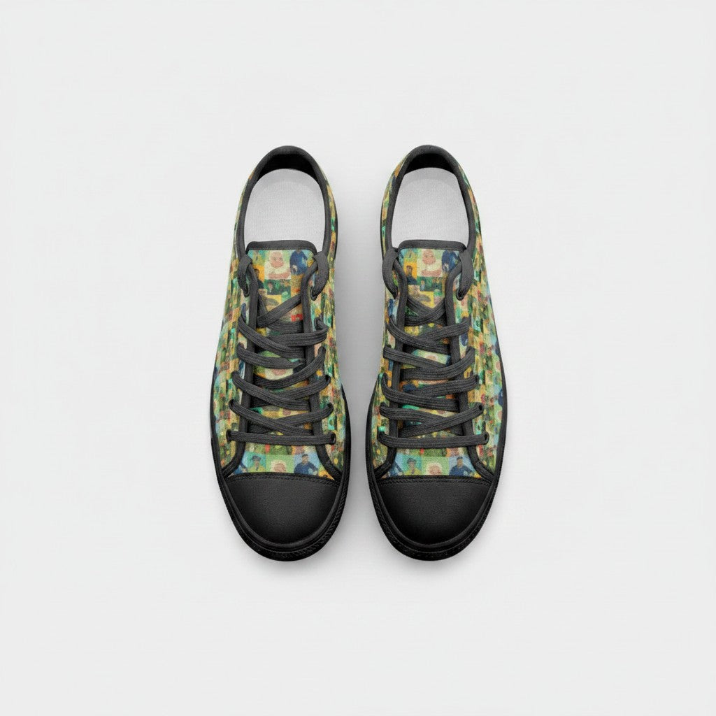Freaky Shoes® low-top canvas sneakers featuring The Roulin Family Vincent van Gogh art print and black lace-up design.