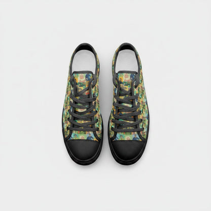 Freaky Shoes® low-top canvas sneakers featuring The Roulin Family Vincent van Gogh art print and black lace-up design.