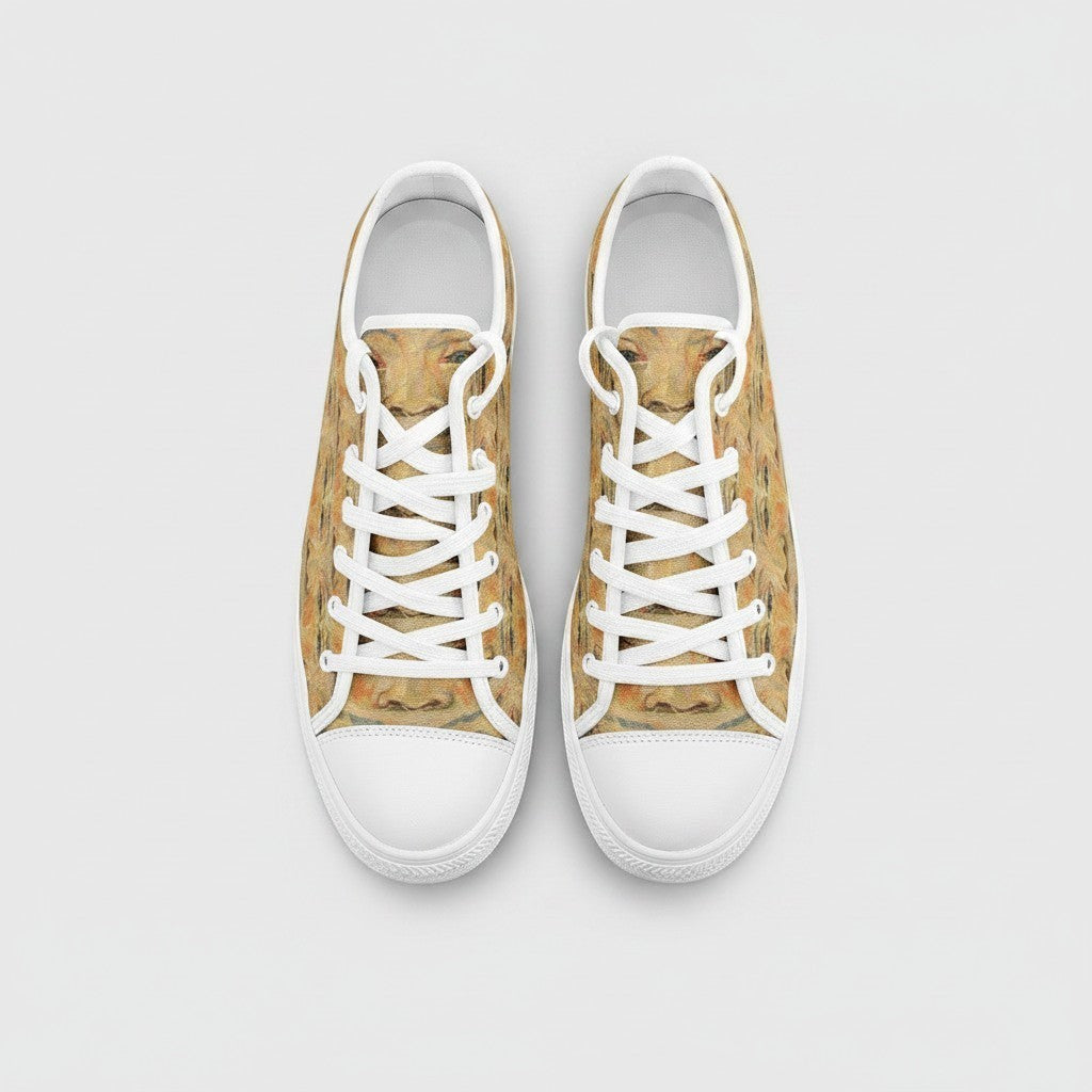 Freaky Shoes® low-top canvas sneakers featuring Vincent Van Gogh art print with white laces and rounded toe design.