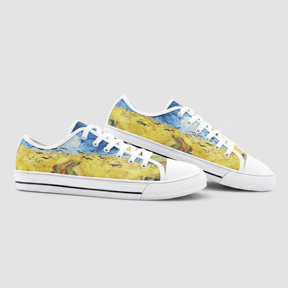 Freaky Shoes® low-top canvas sneakers featuring Vincent Van Gogh Wheatfield with Crows art print and white laces.