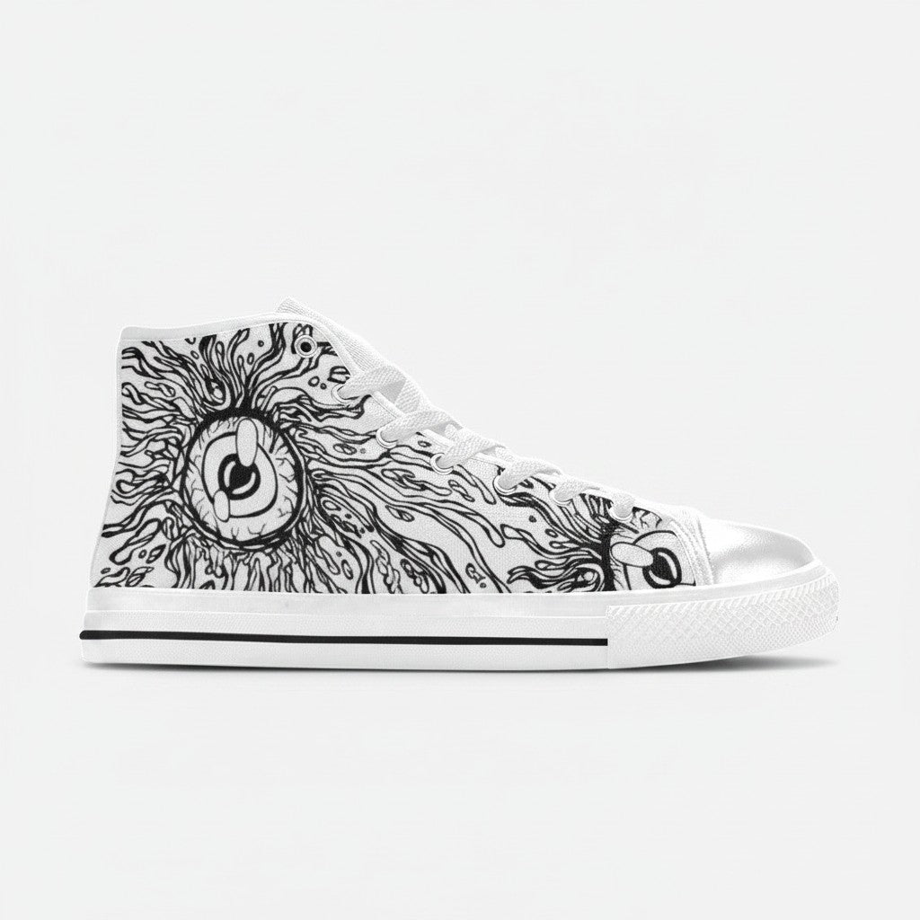 Freaky Shoes® women's white high-top canvas sneakers featuring a detailed black graphic eye print design.