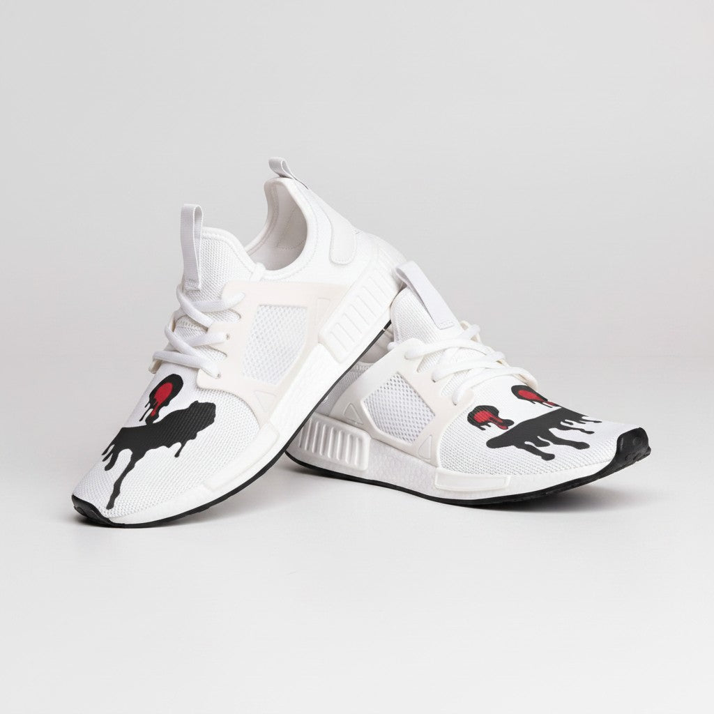 Freaky Shoes® white high-top canvas sneakers featuring a black and red paint drip graphic design.