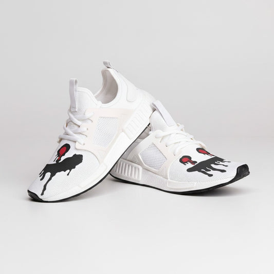 Freaky Shoes® white high-top canvas sneakers featuring a black and red paint drip graphic design.