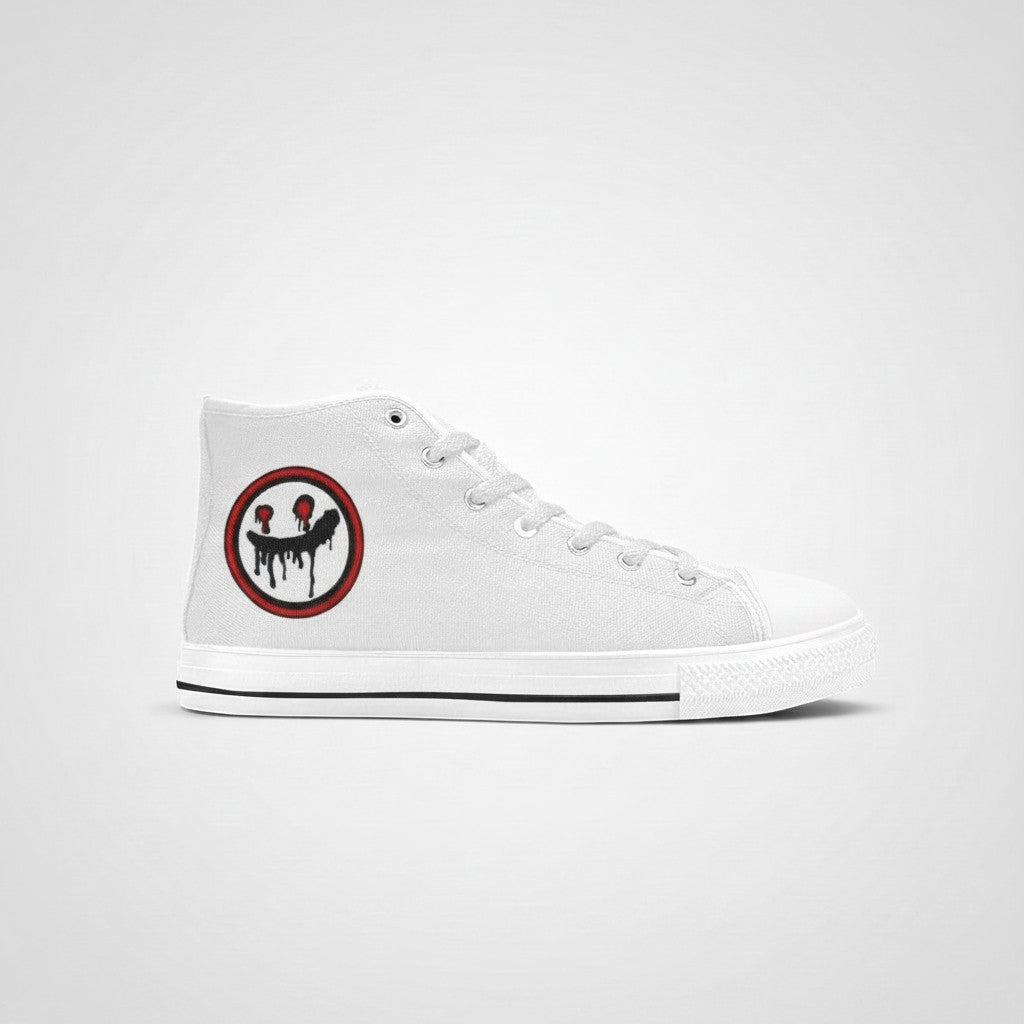 Freaky Shoes® women's white canvas high-top sneakers featuring a circular dripping smiley face logo on the side.