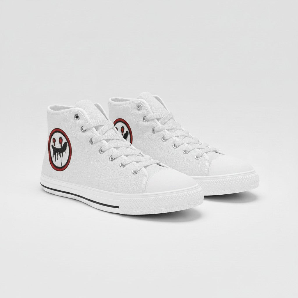 Freaky Shoes® white high-top canvas sneakers featuring a circular dripping smiley face logo on the side