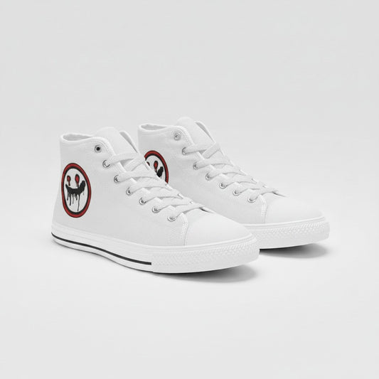Freaky Shoes® white high-top canvas sneakers featuring a circular dripping smiley face logo on the side