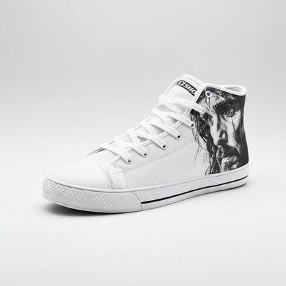 Freaky Shoes® white canvas high-top sneakers featuring a detailed black and white portrait print on the side.