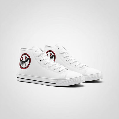 Freaky Shoes® white high-top canvas sneakers featuring a black and red dripping smiley face graphic on the side.