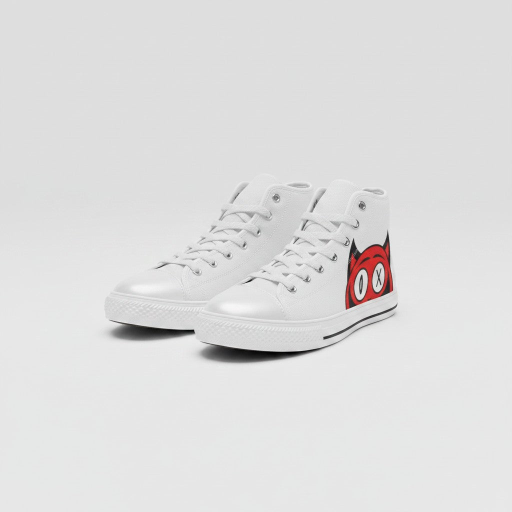 Freaky Shoes® women's white high-top canvas sneakers featuring a red devil character graphic on the side.