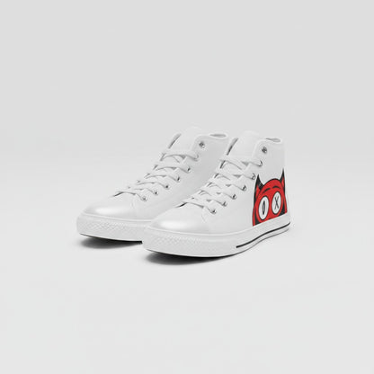 Freaky Shoes® women's white high-top canvas sneakers featuring a red devil character graphic on the side.
