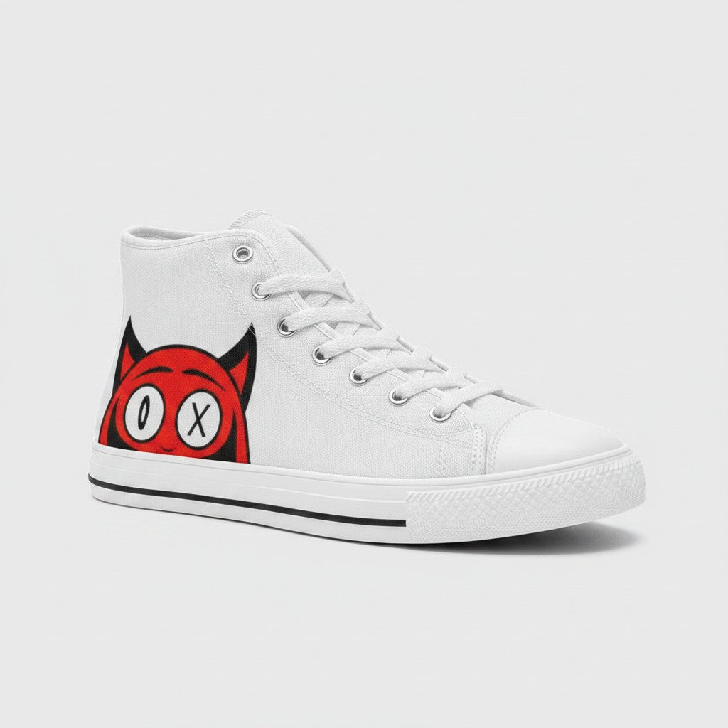 Freaky Shoes® women's white high-top canvas sneakers featuring a red devil character graphic on the side.