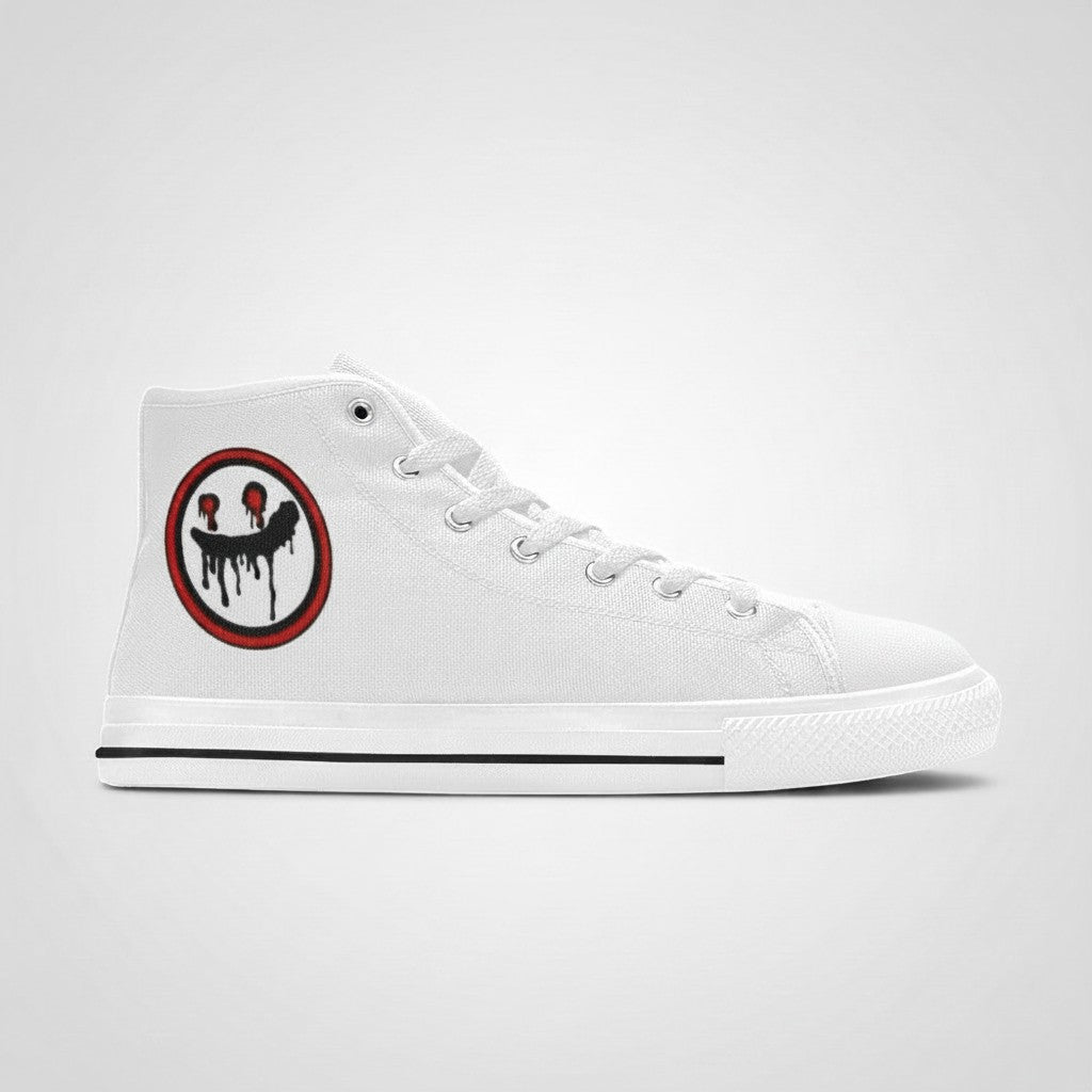 Freaky Shoes® white high-top canvas sneakers featuring a circular dripping smiley face logo on the side