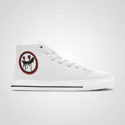 Freaky Shoes® white high-top canvas sneakers featuring a circular dripping smiley face logo on the side