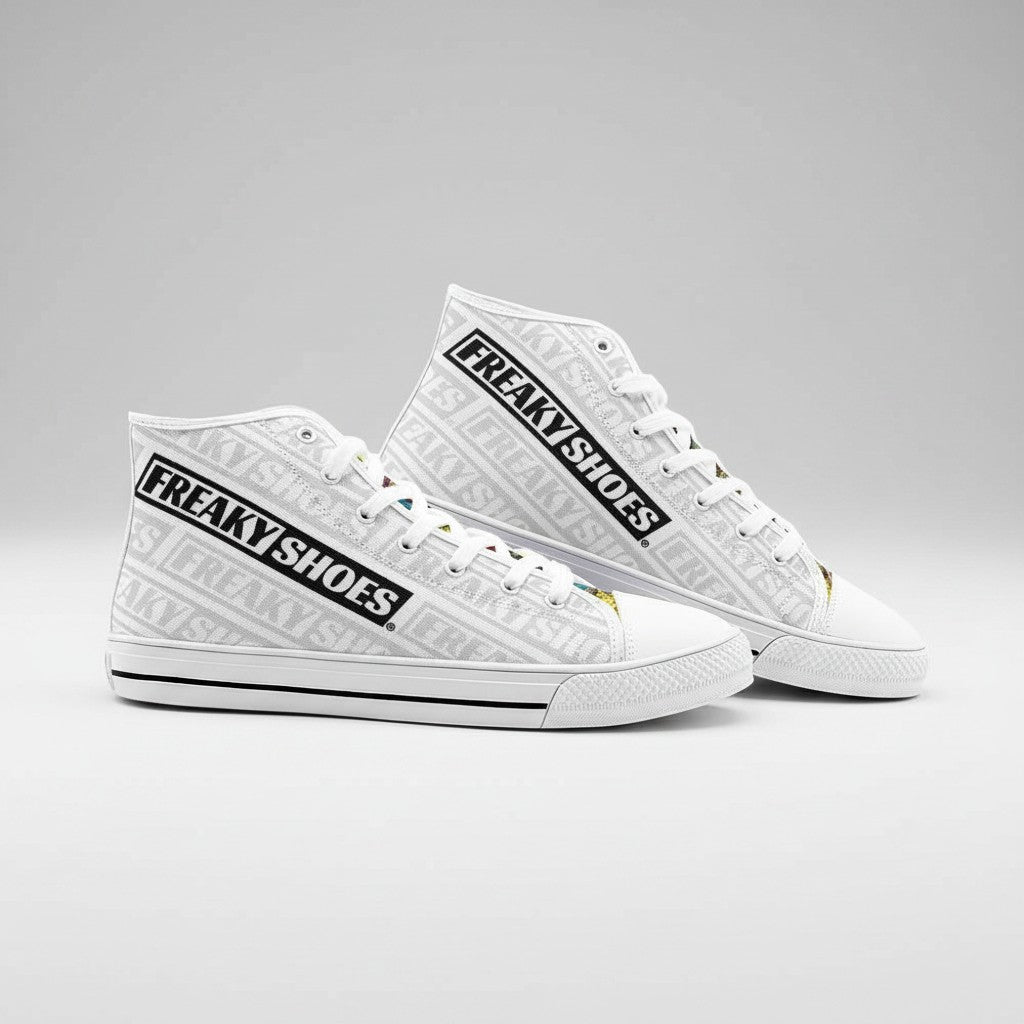 Freaky Shoes® white high-top canvas sneakers featuring a repeating black logo pattern and lace-up closure.