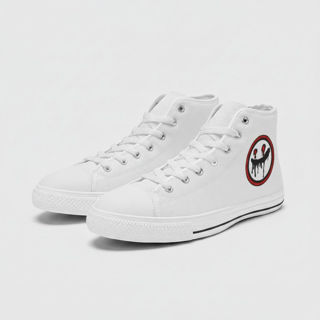 Freaky Shoes® women's white high-top canvas sneakers featuring a circular dripping smiley face logo on the side.