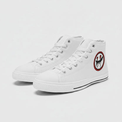 Freaky Shoes® women's white high-top canvas sneakers featuring a circular dripping smiley face logo on the side.