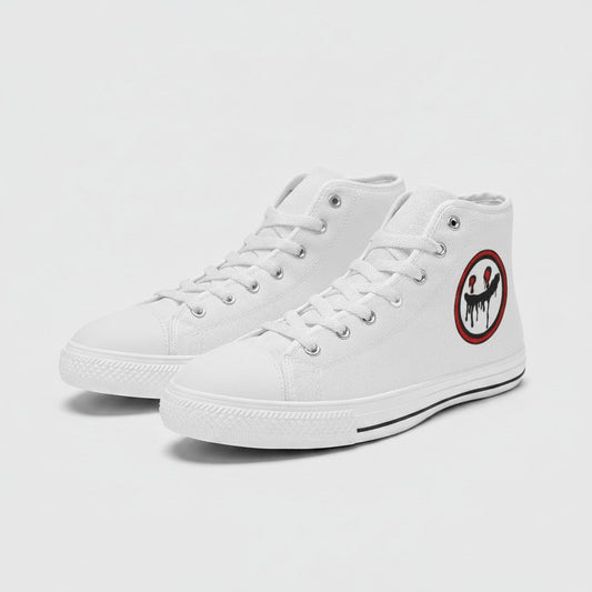 Freaky Shoes® women's white high-top canvas sneakers featuring a circular dripping smiley face logo on the side.