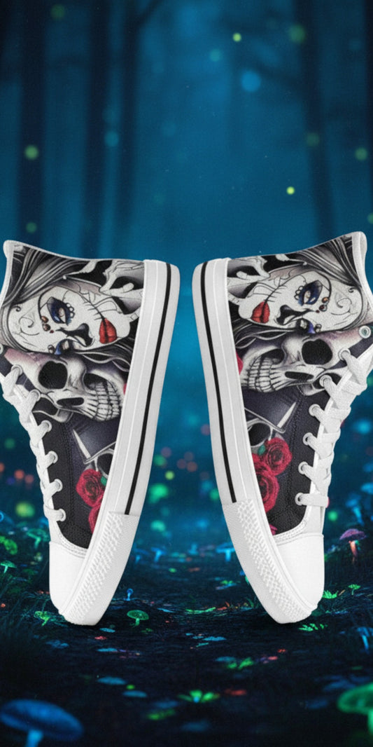 Freaky Shoes® women's canvas high-top sneakers featuring a gothic woman and skull print with red roses.