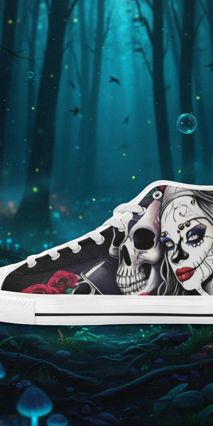 Women's Skulls high-top canvas shoes — one-of-a-kind custom printed art, Freaky Shoes