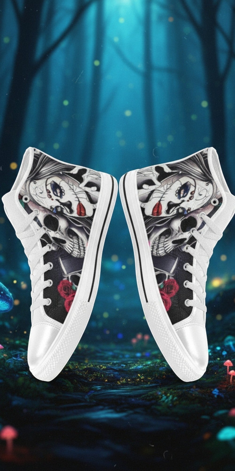 Women's Skulls hand-made high-top canvas shoes — unique wearable art by Freaky Shoes