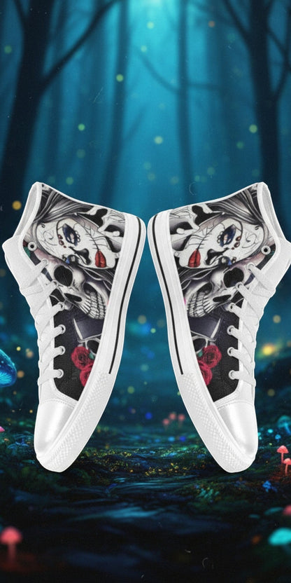 Women's Skulls hand-made high-top canvas shoes — unique wearable art by Freaky Shoes
