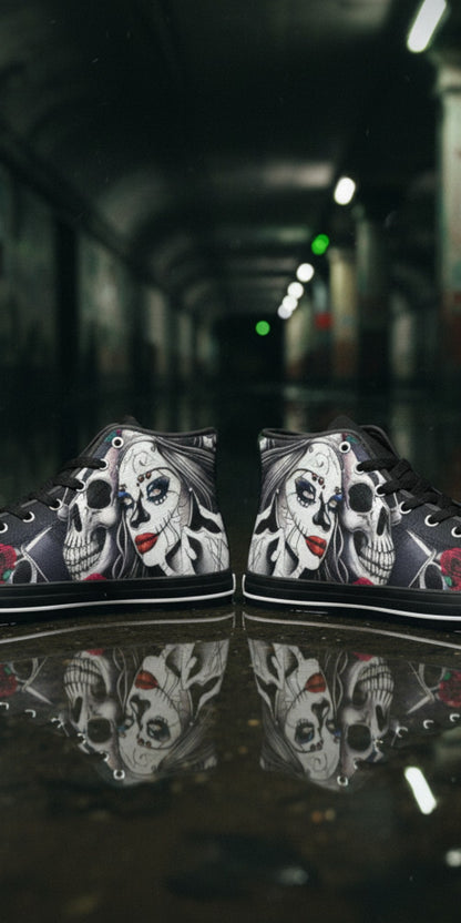 Women's Woman & Skulls hand-made high-top canvas shoes — unique wearable art by Freaky Shoes
