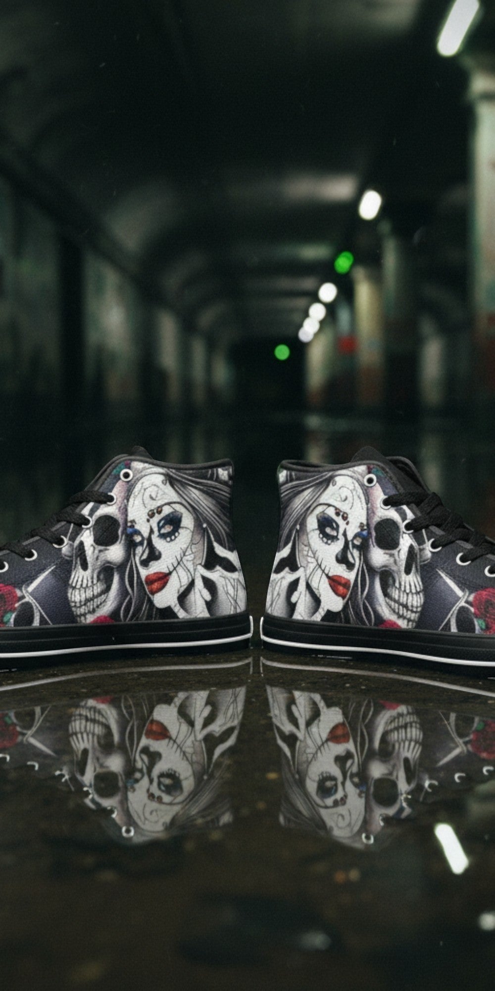 Women's Woman & Skulls hand-made high-top canvas shoes — unique wearable art by Freaky Shoes