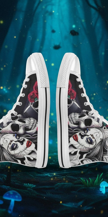 Women's Skulls high-top canvas shoes, custom full-wrap printed design — Freaky Shoes